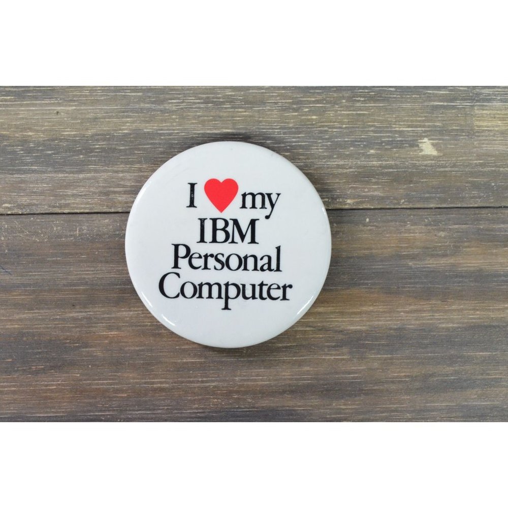 Love IBM Computer Pin Promo Button I Heart Personal Vintage Bag Lapel Gear